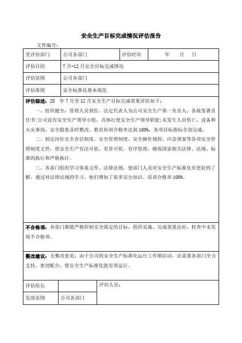 安全生产目标完成情况评估报告