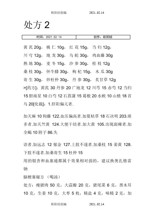 脑梗塞中药药方之欧阳结创编