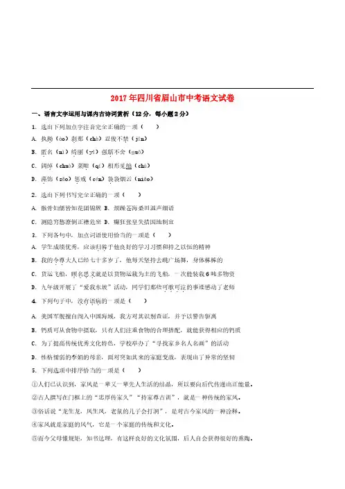 四川省眉山市2017年中考语文真题试题(含解析)