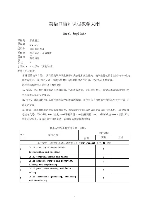 英语口语课程教学大纲