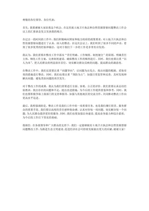 土地卫片执法和自然资源督察问题整改工作会议上的汇报表态发言