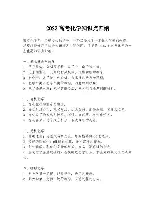 2023高考化学知识点归纳