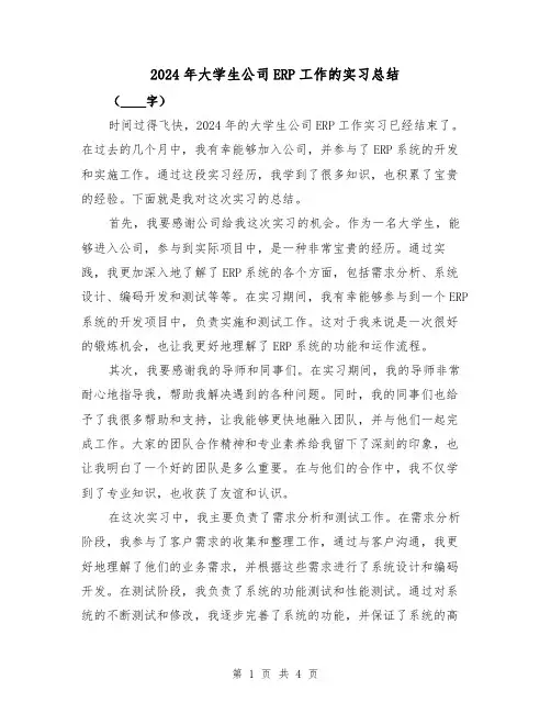 2024年大学生公司ERP工作的实习总结（2篇）