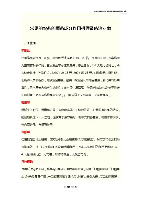 常见的农药的原药成分作用机理及防治对象