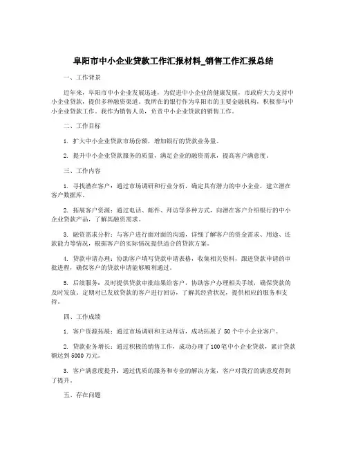 阜阳市中小企业贷款工作汇报材料_销售工作汇报总结