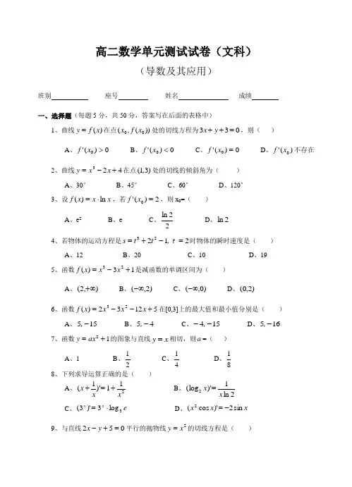 高二数学单元测试试卷(导数及其应用)