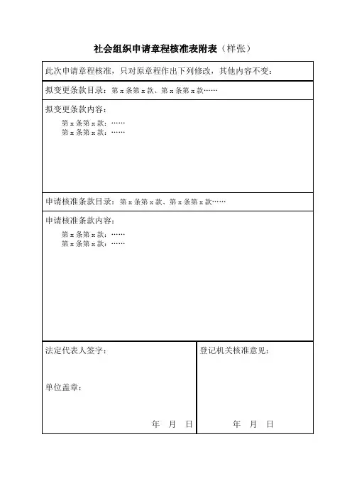社会组织申请章程核准表附表样张
