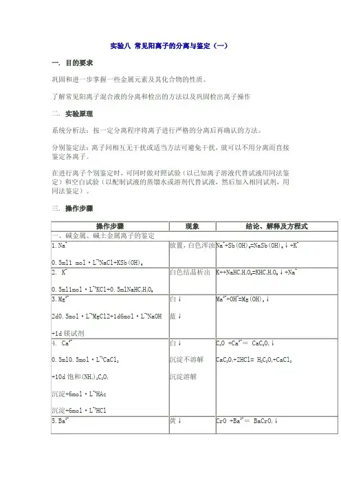 实验八 常见阳离子的分离与鉴定