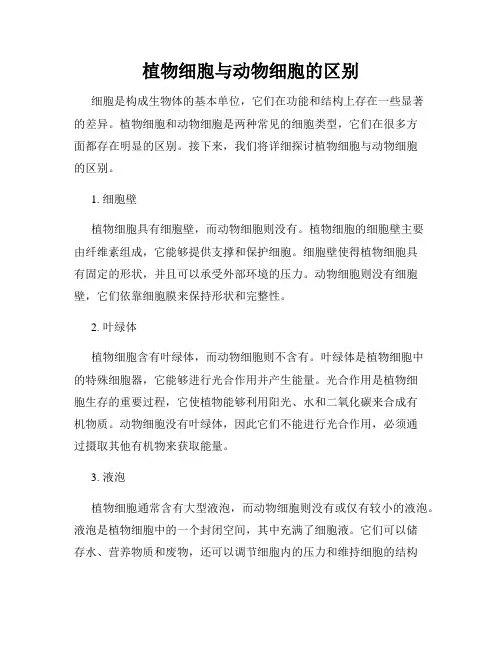 植物细胞与动物细胞的区别