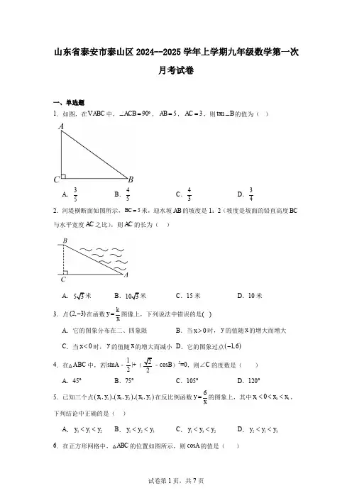 山东省泰安市泰山区2024--2025学年上学期九年级数学第一次月考试卷