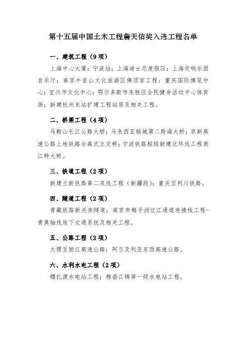 第十五届中国土木工程詹天佑奖入选工程