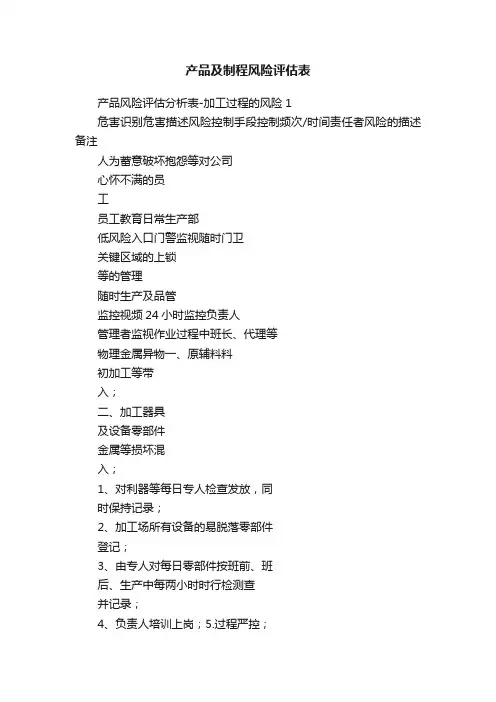 产品及制程风险评估表
