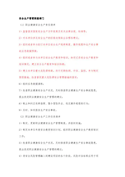 安全生产管理职能部门职业健康安全生产责任清单及工作任务清单
