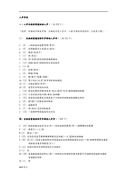入声字表(入声派入今音平声)