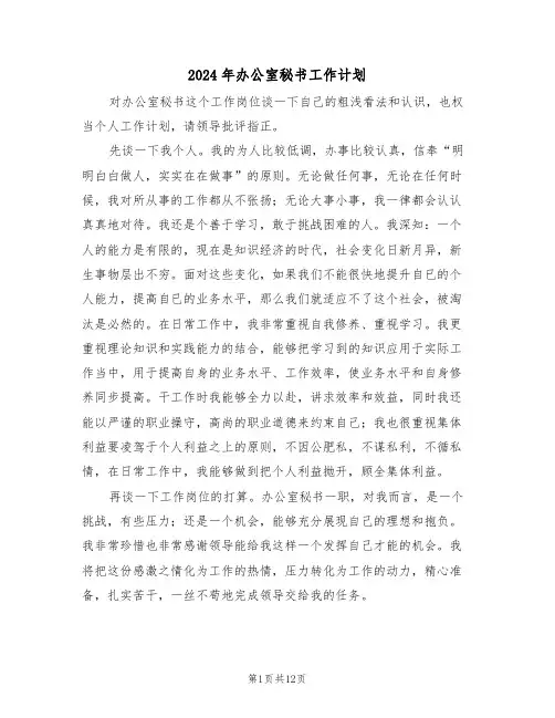 2024年办公室秘书工作计划（五篇）