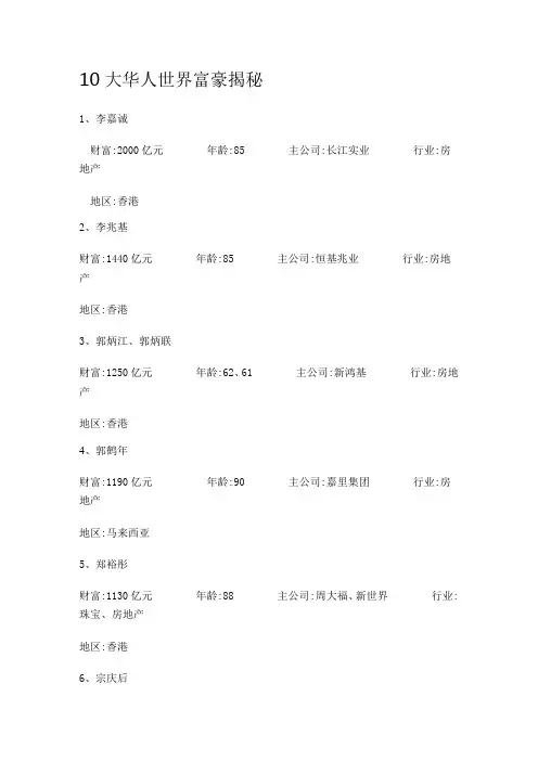10大华人世界富豪揭秘