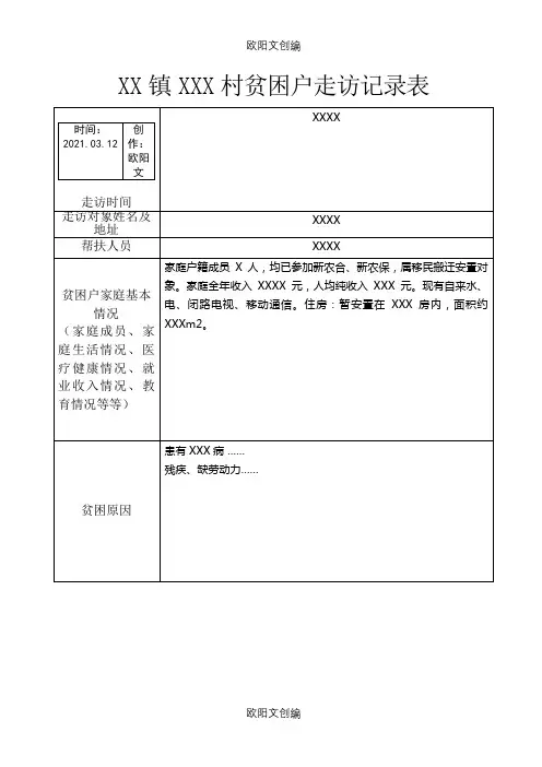 XX镇XXX村贫困户走访记录表之欧阳文创编