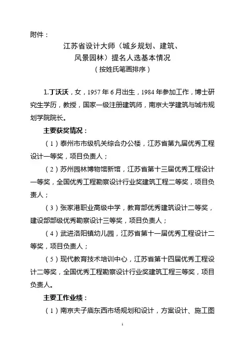 江苏省设计大师(城乡规划、建筑、风景园林)提名人选基本情况
