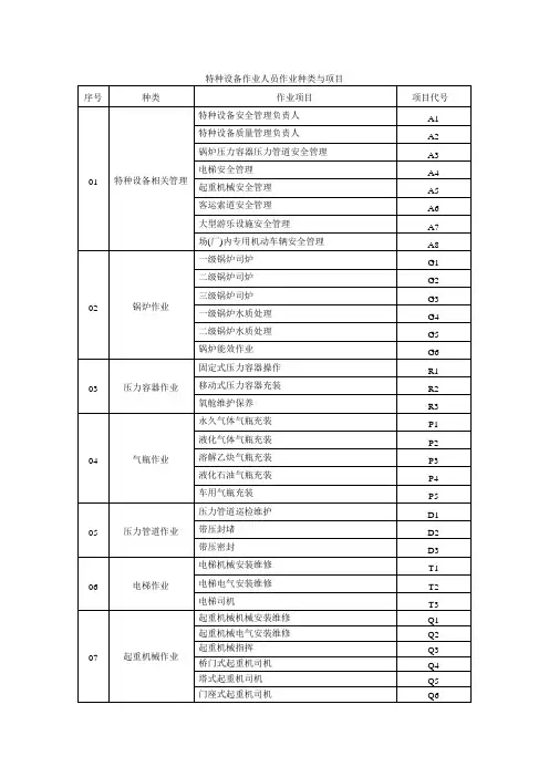 特种设备作业人员作业种类与项目