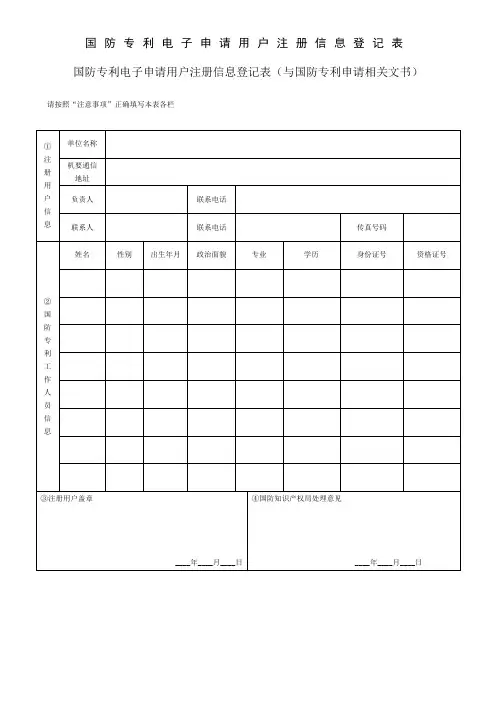 国防专利电子申请用户注册信息登记表——(知识产权- 专利事务)