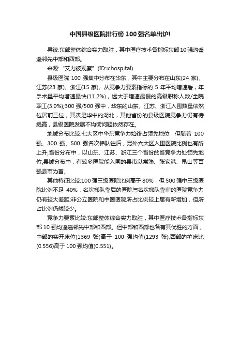中国县级医院排行榜100强名单出炉!