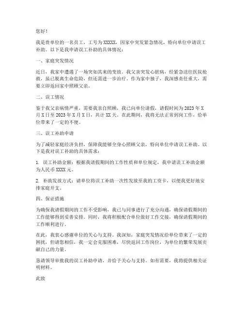 申请误工补助申请书