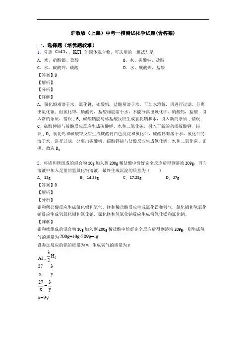 沪教版(上海)中考一模测试化学试题(含答案)