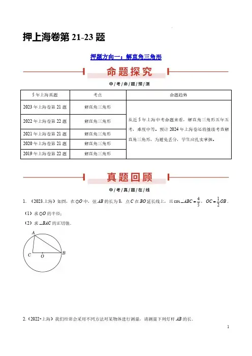 押上海卷第21-23题(解直角三角形、一次函数、方程、相似三角形)(原卷版)-备战2024年中考数学