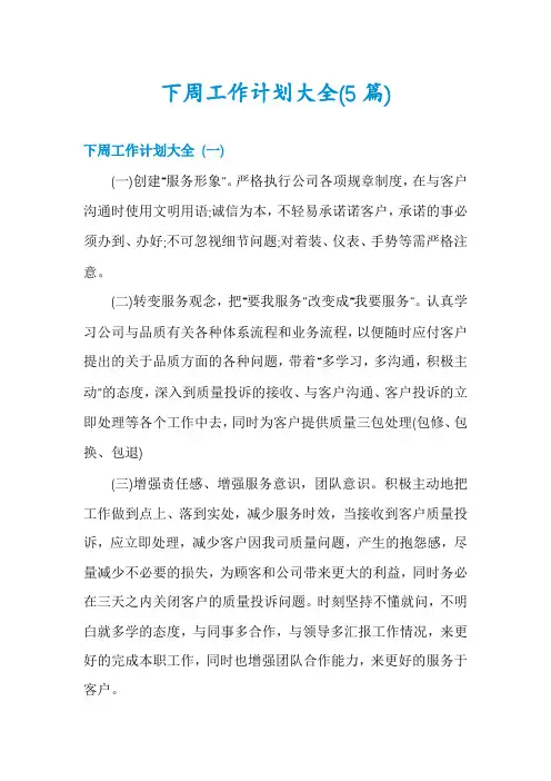 下周工作计划大全(5篇)
