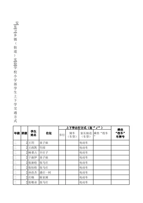 二年级2班学生上下学交通方式调查情况登记表