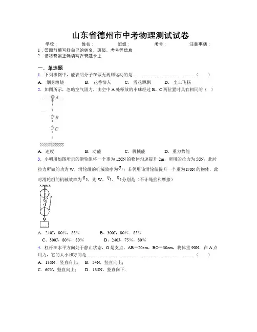 最新山东省德州市中考物理测试试卷及解析