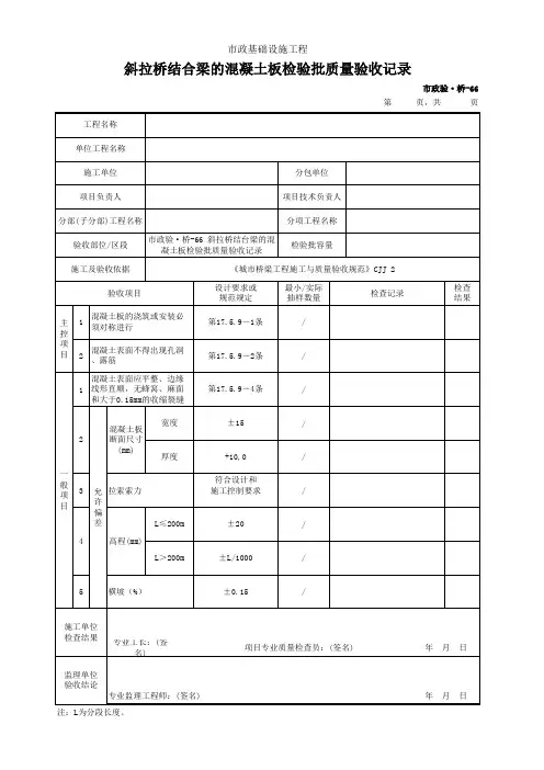斜拉桥结台梁的混凝土板检验批质量验收记录