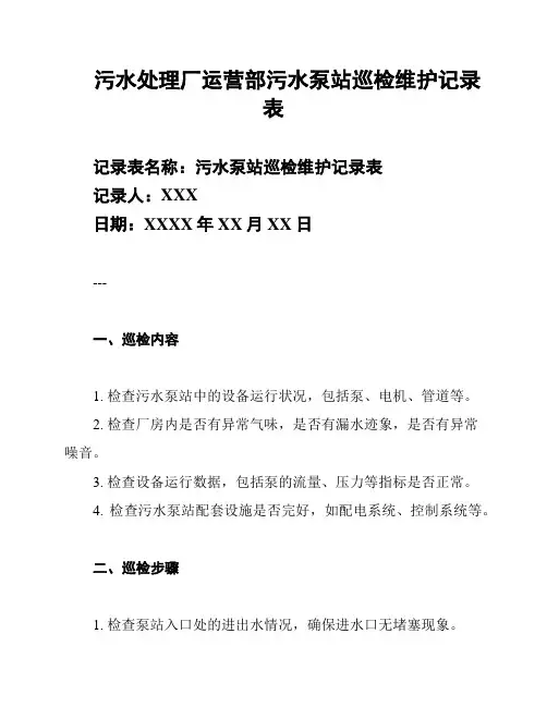 污水处理厂运营部污水泵站巡检维护记录表