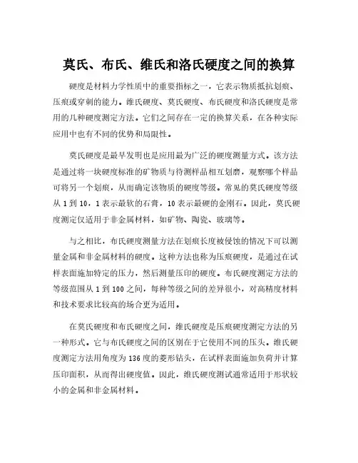 莫氏、布氏、维氏和洛氏硬度之间的换算