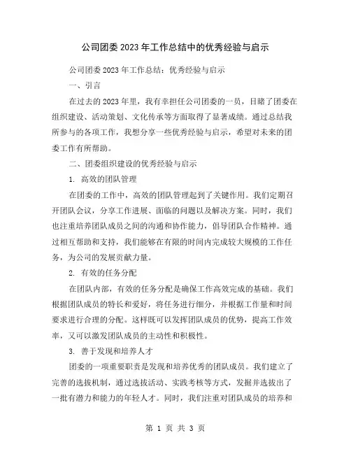 公司团委2023年工作总结中的优秀经验与启示