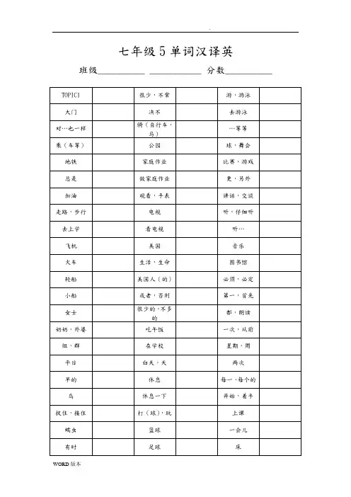 仁爱英语七年级(下册)unit5-unit8单词过关表(汉译英)