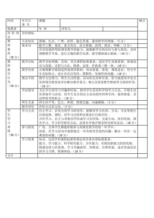 小学课堂教学评价表