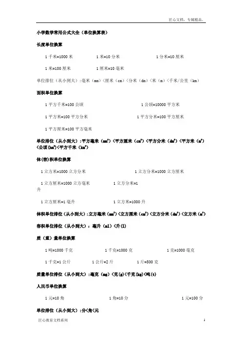 小学数学单位换算一览表