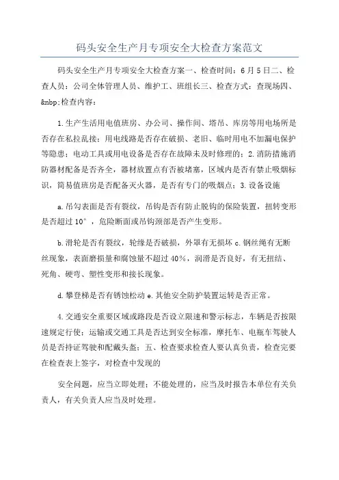 码头安全生产月专项安全大检查方案范文