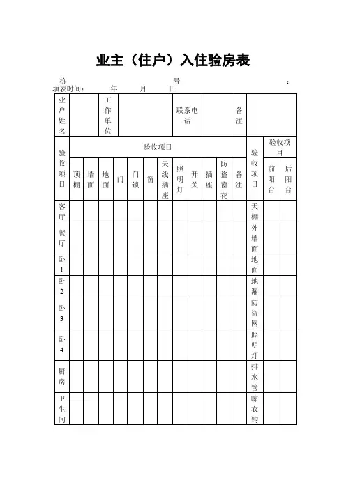 业主入住验房表模板范文