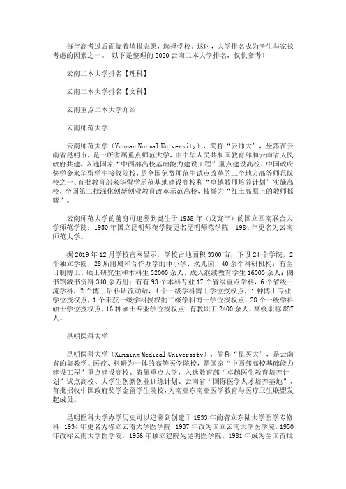 2020云南二本大学排名(最新)