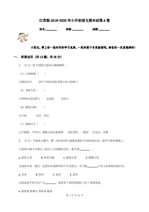 江苏版2019-2020年小升初语文期末试卷A卷