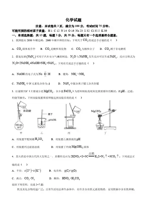2025届江苏海安高级中学高三上学期10月月考化学试题