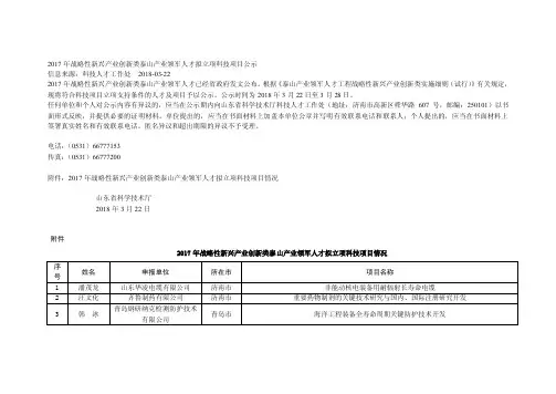 2017年战略性新兴产业创新类泰山产业领军人才拟立项科技项目公示