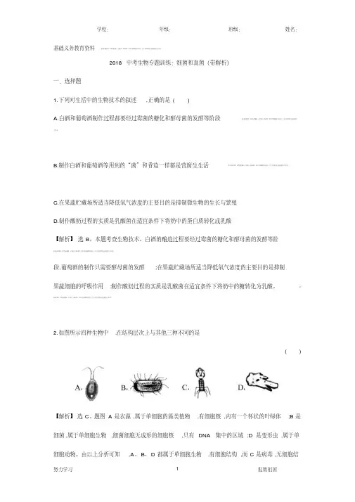 中考生物分类真题练习细菌和真菌(带解析)