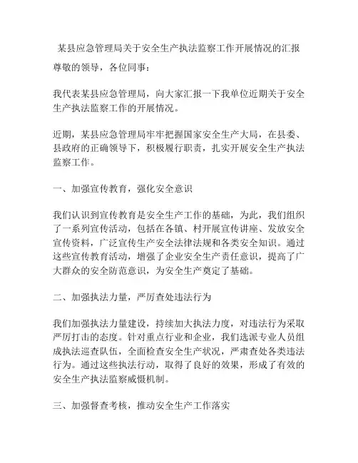 某县应急管理局关于安全生产执法监察工作开展情况的汇报