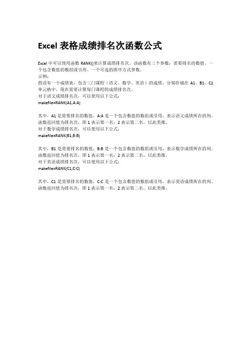 excel表格成绩排名次函数公式