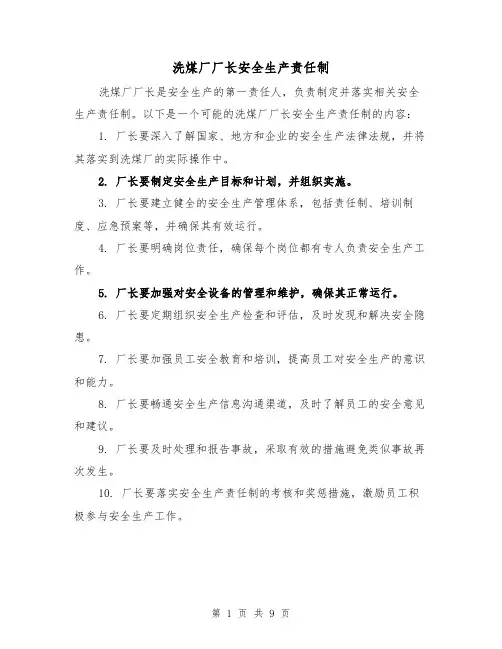洗煤厂厂长安全生产责任制（四篇）