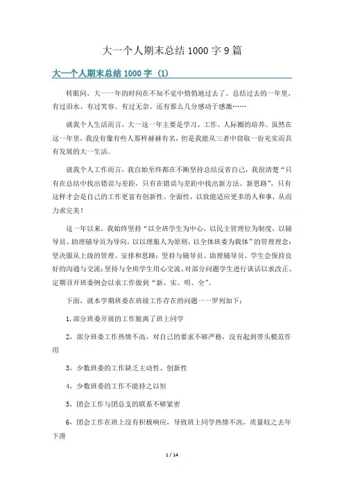 大一个人期末总结1000字9篇