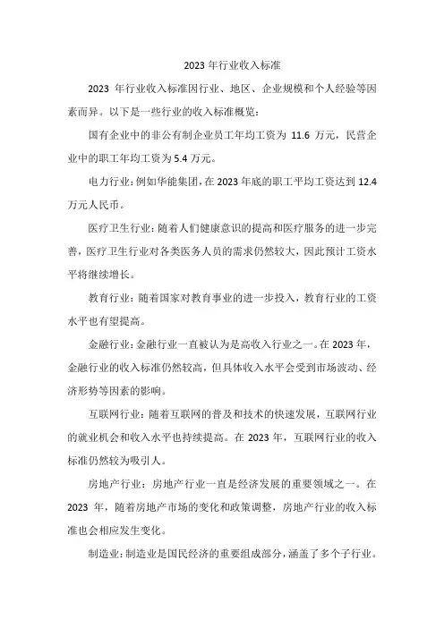 2023年行业收入标准